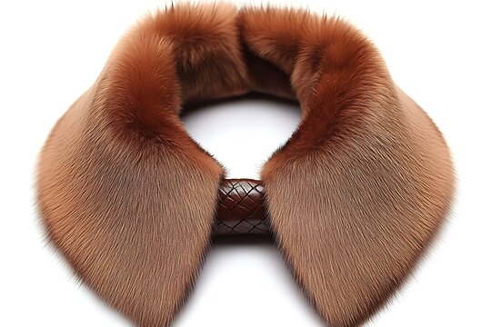 Luxurious brown mink fur collar with braided leather detail on white backdrop