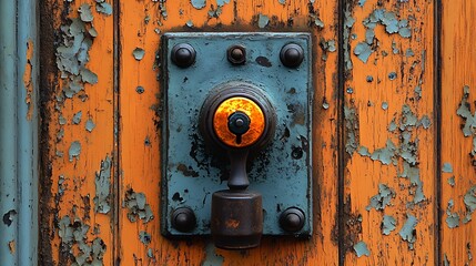 Antique doorbell on weathered, peeling wood High Resolution Picture