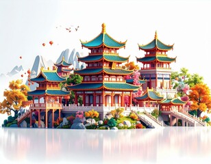 Fototapeta premium Stunning Asian Temple Complex on Serene Island Landscape Vibrant Autumn Colors and Pagoda Architecture