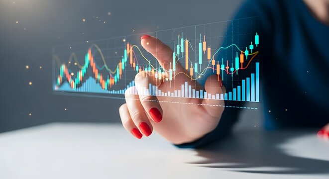 Woman Interacting with Holographic Stock Market Data Visualization