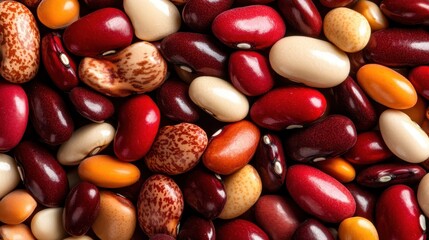 An array of beautifully colored beans showcasing their unique shapes and patterns, emphasizing diversity and nutrition, perfect for culinary and health-focused projects.