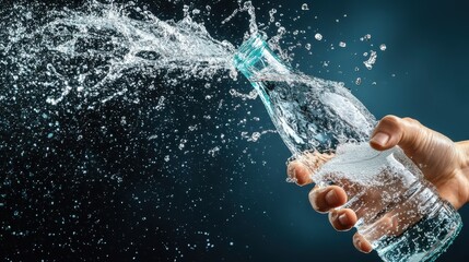 Dynamic capture of water exploding from a glass bottle held by a hand, illustrating the refreshing nature of water and its importance in hydration and vitality.
