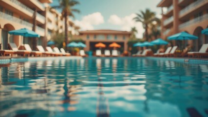 Fototapeta premium Blurred swimming pool at a hotel resort for travel and vacation with space for text.