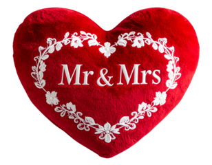 Red Plush Heart Pillow with White ‘Mr & Mrs’ Embroidery, cozy romantic gift, isolated on transparent background