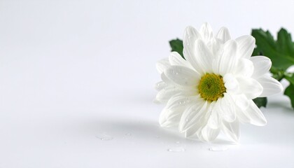 beautiful white chrysanthemum with dewdrops sticking to the flower on a white background. natural texture with sharp and rough edges in a minimalist layout, minimal background