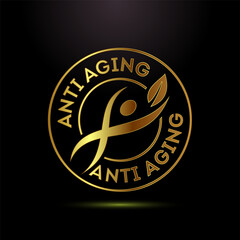 Anti aging icon design illustration. Anti aging label sign symbol in gold color style