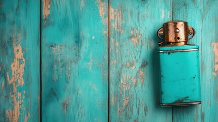 A beautifully worn turquoise lighter rests on a rustic wooden surface, showcasing its vintage charm and distinct patina, ideal for collectors or retro enthusiasts.