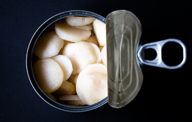 Open Tin or Can Of Chinese Water Chestnuts Cooking Ingredients