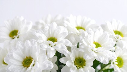 Fototapeta premium beautiful white chrysanthemum with dewdrops sticking to the flower on a white background. natural texture with sharp and rough edges in a minimalist layout, minimal background