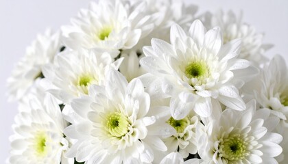 Fototapeta premium beautiful white chrysanthemum with dewdrops sticking to the flower on a white background. natural texture with sharp and rough edges in a minimalist layout, minimal background