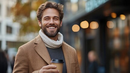 Happy businessman enjoying coffee while walking through a busy city street on a bright autumn day