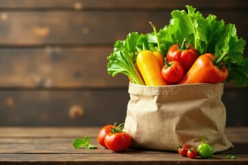 Vibrant veggies in reusable bag, wooden table, veganuary, still life