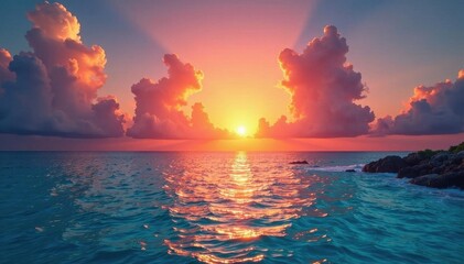 Vibrant sunrise paints Maldivian sky, ocean glows , tranquil, destination