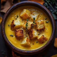 Hearty Autumn Soup: A tantalizing bowl of warm soup, artfully garnished with golden croutons and fragrant herbs, evoking the flavors of fall in a cozy and inviting setting.