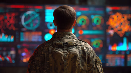 Obraz premium Back view of soldier monitoring military control and command center screen during war operation representing surveillance intelligence and warfare technology