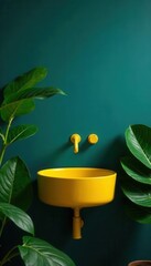 Yellow sink against dark blue, jungle green leaves surrounding, wash, contrast, sink