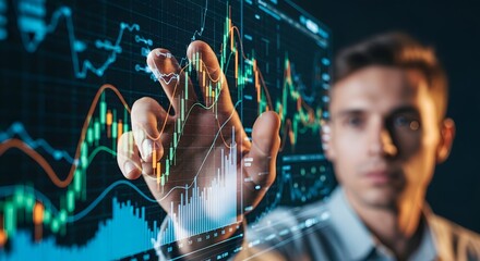 Fototapeta premium Man Interacting with Stock Market Data on a Transparent Screen