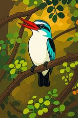 Adobe Illustrator Artwork Blue-Winged Kingfisher in a Lush Forest Setting