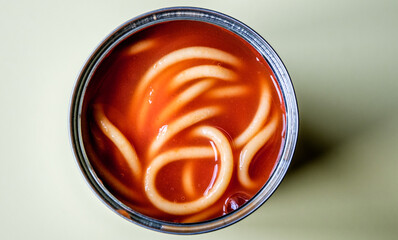  Open Tin or Can Of Italian Style Spaghetti Pasta In Tomato Sauce