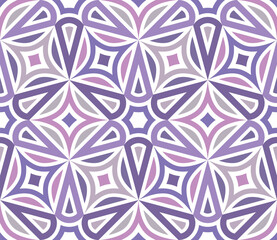 Seamless repeating pattern featuring various geometric shapes in white, pink, and purple in a modern mosaic style. Vector illustration suitable for wallpaper, wrapping, covers, fabric, and printing.