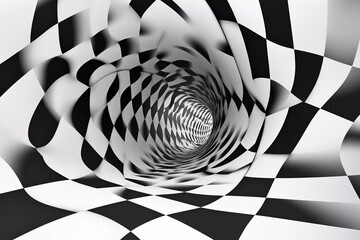Swirling black and white checkered tunnel creates a mesmerizing optical illusion experience