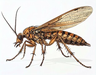 Detailed Illustration of a Brown Blackfly Insect with Spiny Legs and Veined Wings