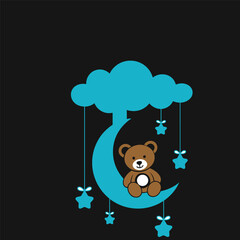 A charming illustration featuring a cute brown teddy bear sitting on a crescent moon, surrounded by a soft blue cloud and dangling stars. This delightful design is perfect for children's decor, baby.