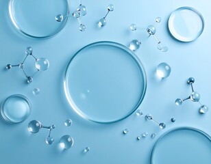 Clear glass petri dishes and molecules on a light blue surface
