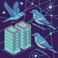 birds on a branch with building
