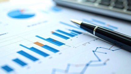 Financial data bar graphs, line graphs, and pie chart, with a pen on top
