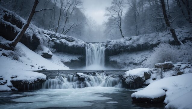 Snow-covered waterfall in winter with icy water and snow-laden trees.