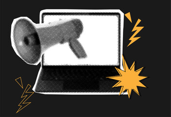 Trendy retro halftone collage with megaphone,laptop