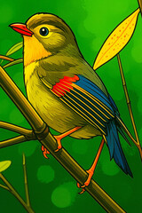 Adobe Illustrator Artwork Colorful Red-Billed Bird on Bamboo Branch