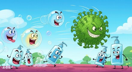 Fototapeta premium Funny Cartoon Corona Virus Chased by Soap and Sanitizer | Virus PNG, Hygiene Poster | Corona virus cartoon | corona cartoon on white background | corona virus