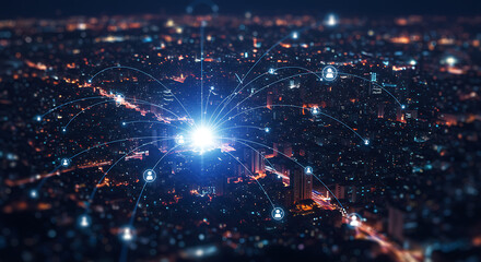 Obraz premium Connected City Network at Night A Digital Web Linking People Across a Modern Urban Landscape with Bright Lights and Glowing Connections