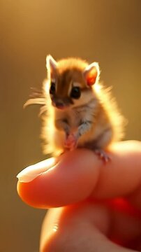 Adorable tiny creature perched on a fingertip, bathed in warm sunlight