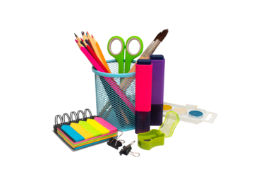 School and office supplies, pens, pencils, ruler, compass in a metal cup on a white background.