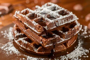 A detailed shot of a stack of chocolate waffles, drenched in rich chocolate syrup and garnished with powdered sugar, creating a delectable visual. 40k, full ultra hd, high resolution