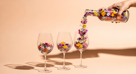 Pouring wildflowers into wine glasses: a summer still life