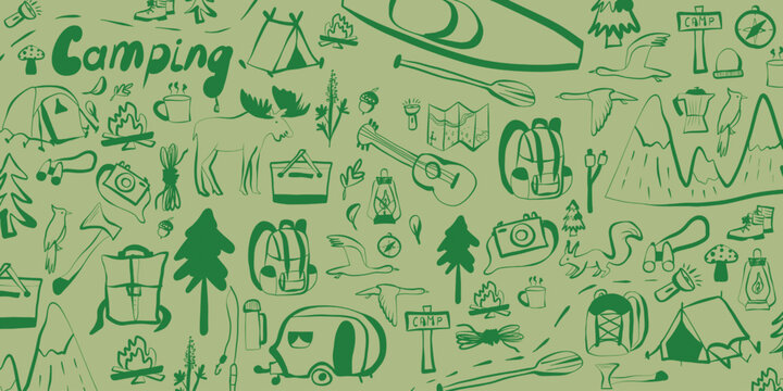 camping and tourism. vector illustration of a set in doodle hand drawn style.
