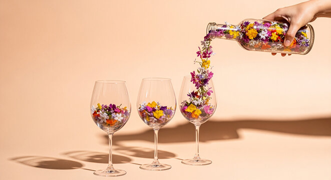 Fototapeta Pouring wildflowers into wine glasses: a summer still life