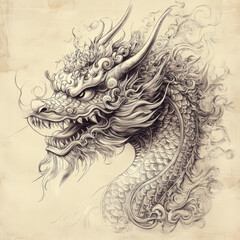 Fototapeta premium Detailed Ink Drawing of a Mythical Dragon Head on Textured Background