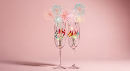Colorful Sparklers Inside Champagne Flutes on Pink Background