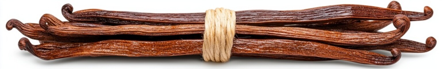 Aromatic Brown Vanilla Beans Tied with String on White Background Food Stock Photo