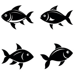 Fototapeta premium Four Stylized Black Fish Icons on a White Background Depicting Different Swimming Poses