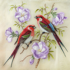 Colorful tropical bird of paradise illustration on a tree branch, featuring a macaw with vibrant feathers and a distinctive beak