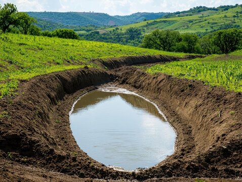 sustainable agriculture with organic farming and land stewardship. Earthwork swales capturing rainwater to hydrate orchard on sloped organic land