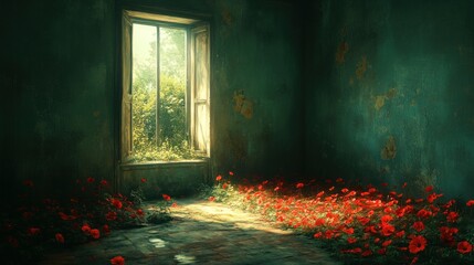 Sunlit abandoned room, poppies, overgrown window, nature reclaiming