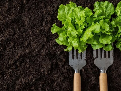 sustainable agriculture with organic farming and regenerative practices. Regenerative farming tools beside raised beds with vibrant green crops