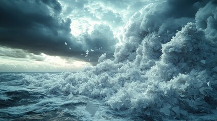 Fototapeta premium Stormy sea wave crashing, dark clouds, sunset, dramatic ocean scene, background use